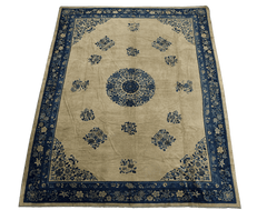 384x310 cm Antique Chinese Wool Rug Handmade Beige Blue - Rugoutlet