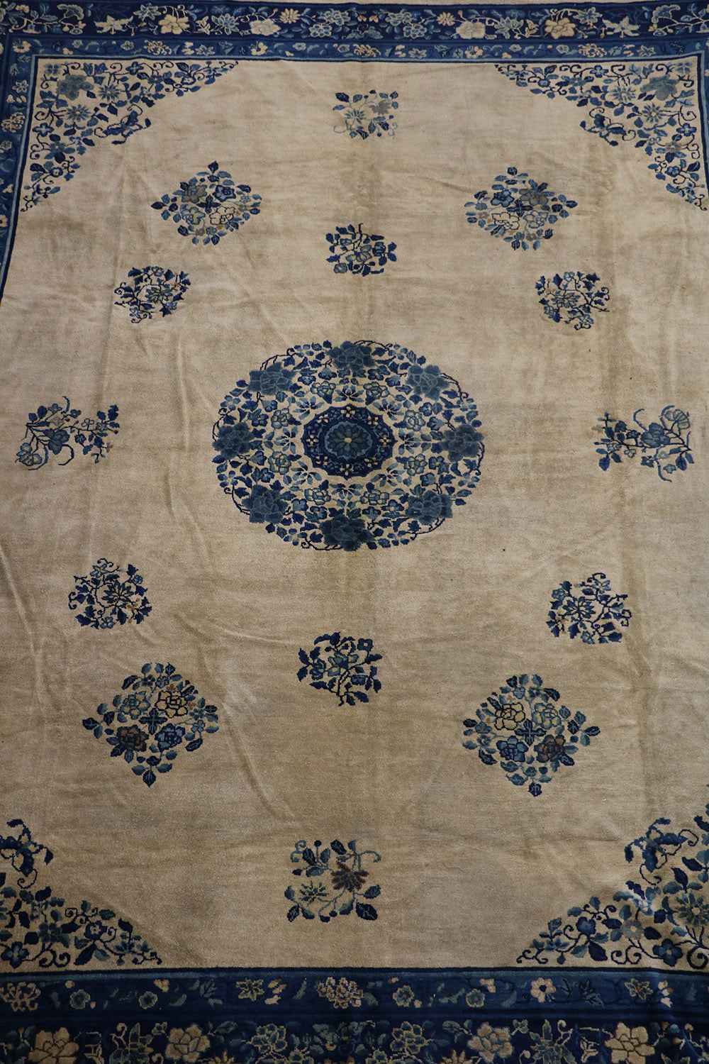 384x310 cm Antique Chinese Wool Rug Handmade Beige Blue - Rugoutlet