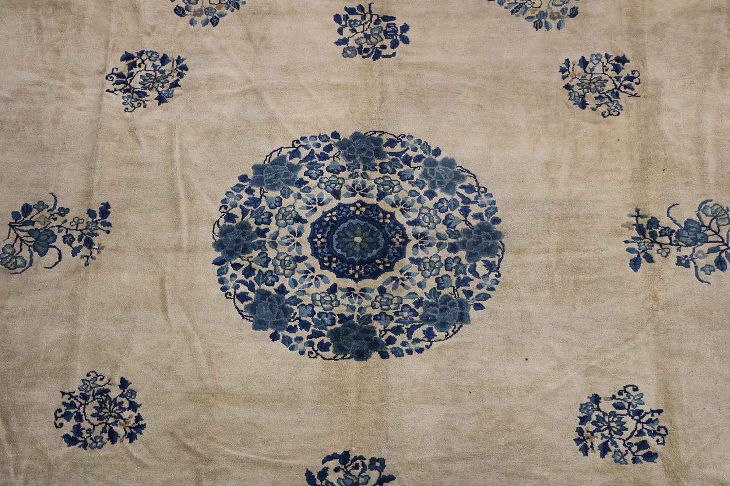 384x310 cm Antique Chinese Wool Rug Handmade Beige Blue - Rugoutlet