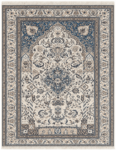 Persian Isfahan Handmade Floral Vase Rug Cream & Blue Rectangular Rug 236 × 154 cm