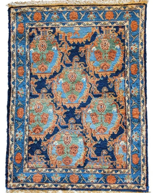 96 x 70 cm Persian Senneh Traditional Blue Small Rug - Rugoutlet