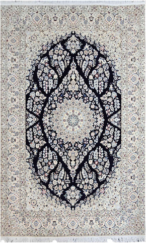 310x213 cm Fine Persian Nain Silk and Wool Handmade blue and ivory rug - Rugoutlet