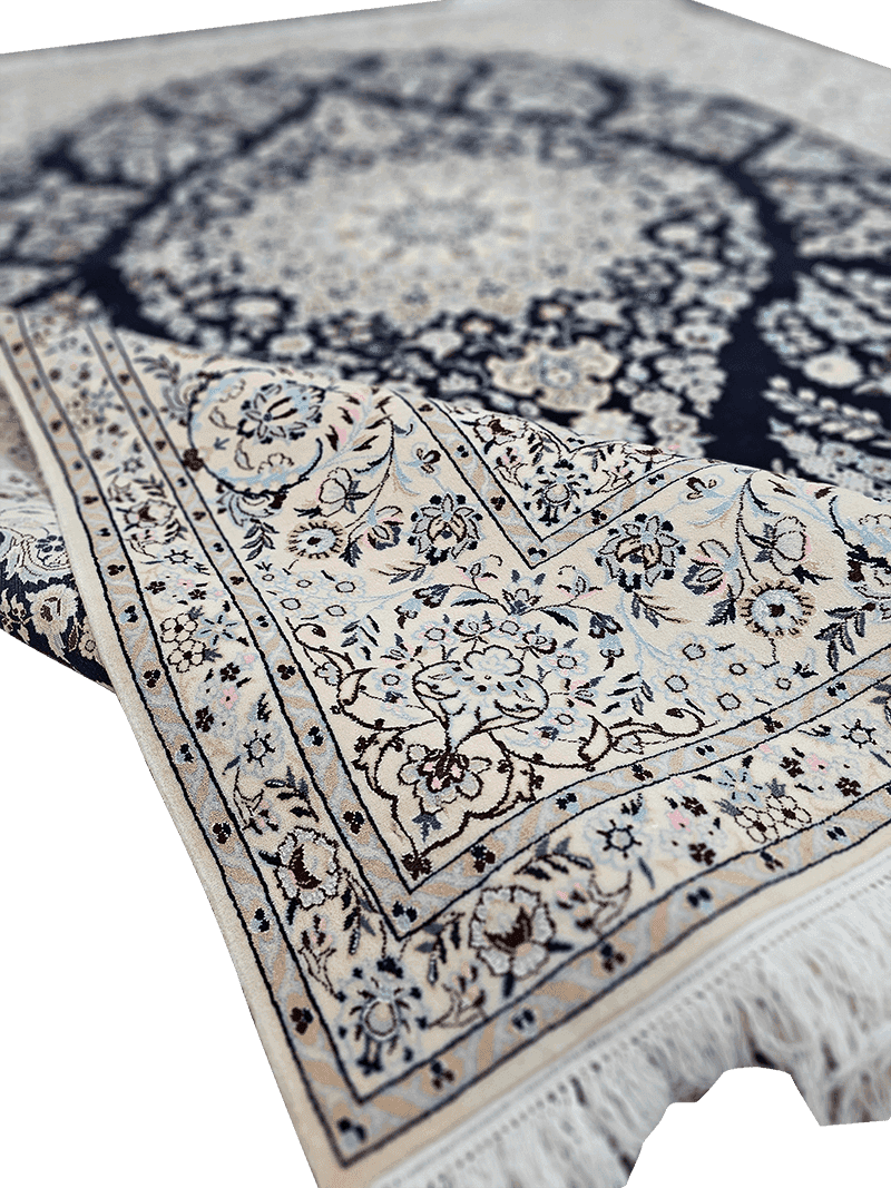 310x213 cm Fine Persian Nain Silk and Wool Handmade blue and ivory rug - Rugoutlet