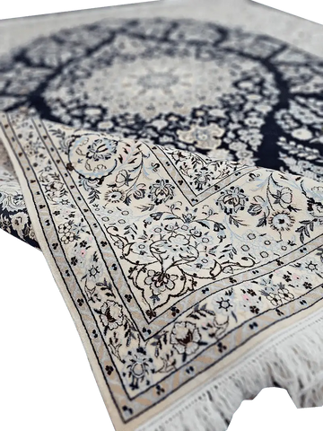 310x213 cm Fine Persian Nain Silk and Wool Handmade blue and ivory rug - Rugoutlet
