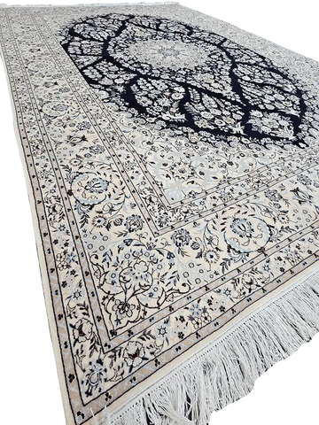 310x213 cm Fine Persian Nain Silk and Wool Handmade blue and ivory rug - Rugoutlet