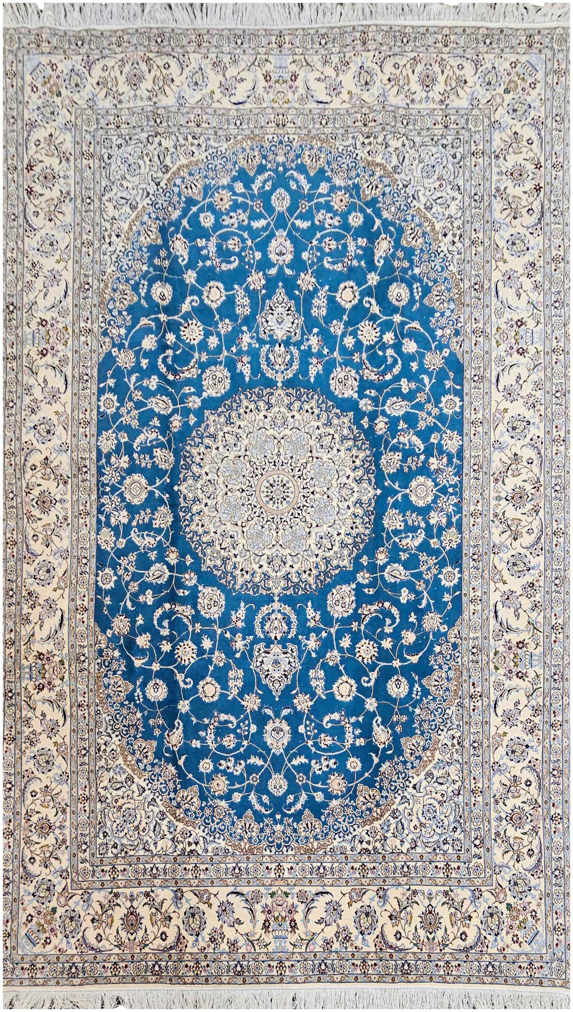 301x203cm Persian Nain Silk and Wool handmade Beige and Sky Blue rug - Rugoutlet