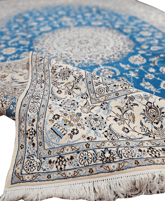 301x203cm Persian Nain Silk and Wool handmade Beige and Sky Blue rug