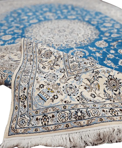 301x203cm Persian Nain Silk and Wool handmade Beige and Sky Blue rug - Rugoutlet