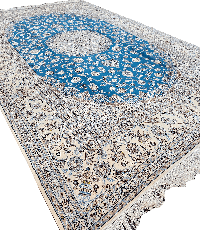 301x203cm Persian Nain Silk and Wool handmade Beige and Sky Blue rug - Rugoutlet