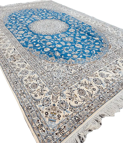 301x203cm Persian Nain Silk and Wool handmade Beige and Sky Blue rug - Rugoutlet