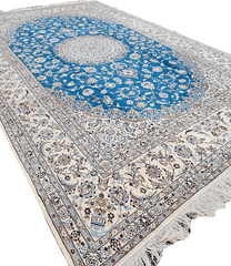 301x203cm Persian Nain Silk and Wool handmade Beige and Sky Blue rug - Rugoutlet