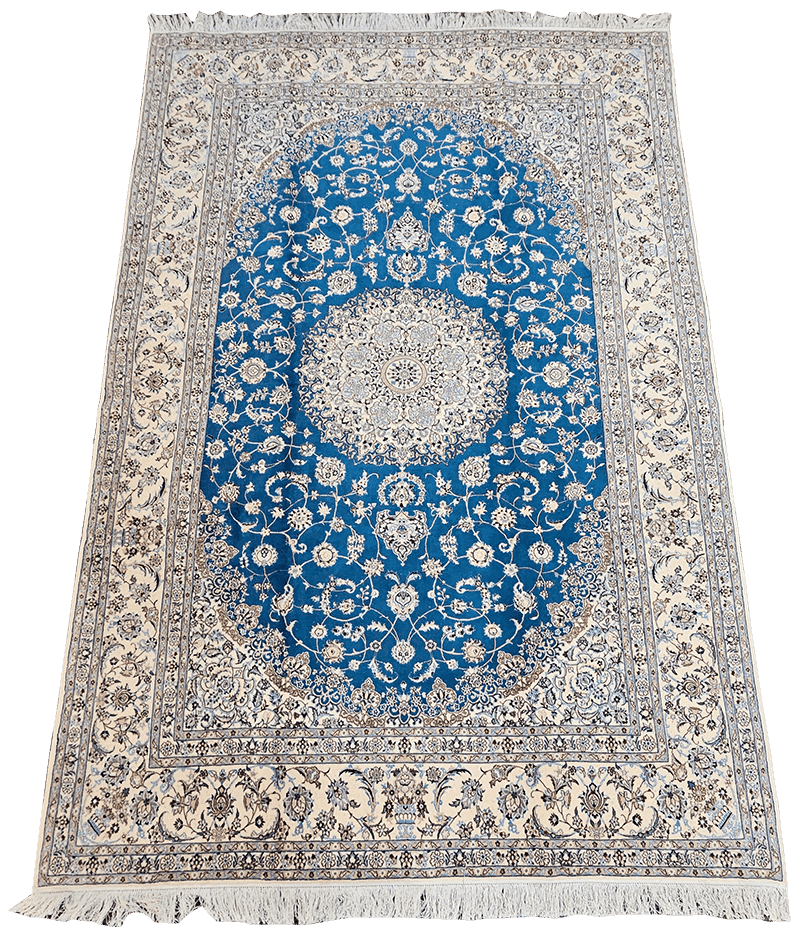 301x203cm Persian Nain Silk and Wool handmade Beige and Sky Blue rug - Rugoutlet