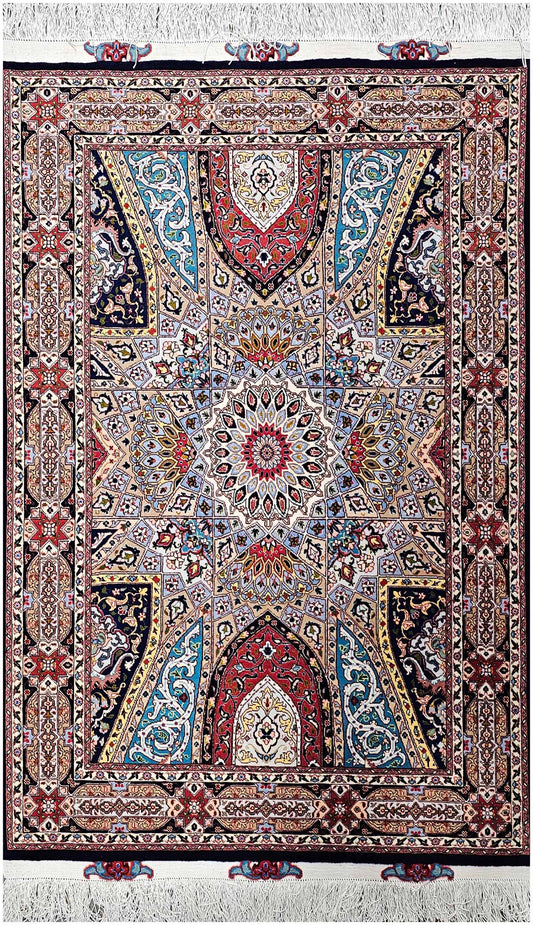 153x108 cm Tabriz Silk and Wool Rug Hand Knotted Blue