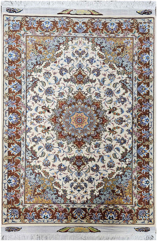 147x100cm Tabriz Handmade Silk and wool Beige rug