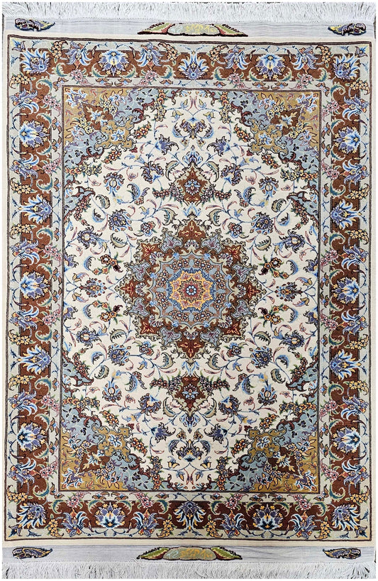 147x100cm Tabriz Handmade Silk and wool Beige rug