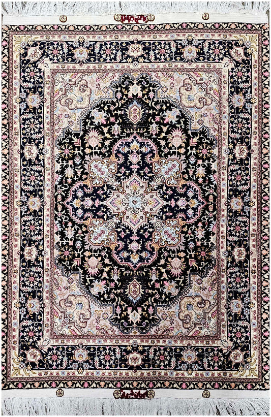 154x104cm Tabriz Silk and Wool Rugs Hand Knotted Black Beige