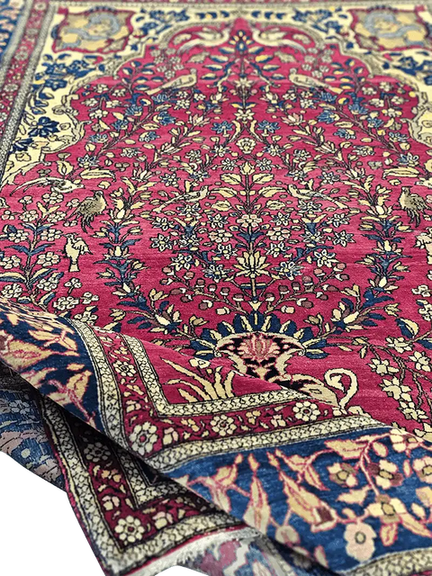 216x144cm Old Fine Isfahan Silk and Wool Handmade Pink and beige rug - Rugoutlet