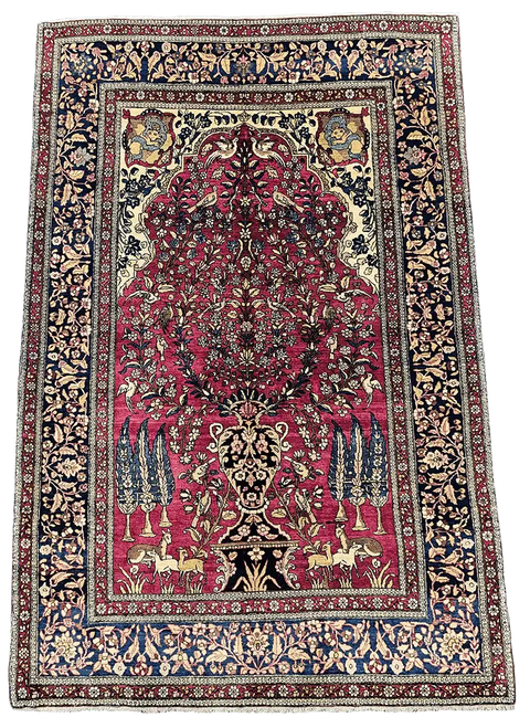 216x144cm Old Fine Isfahan Silk and Wool Handmade Pink and beige rug - Rugoutlet