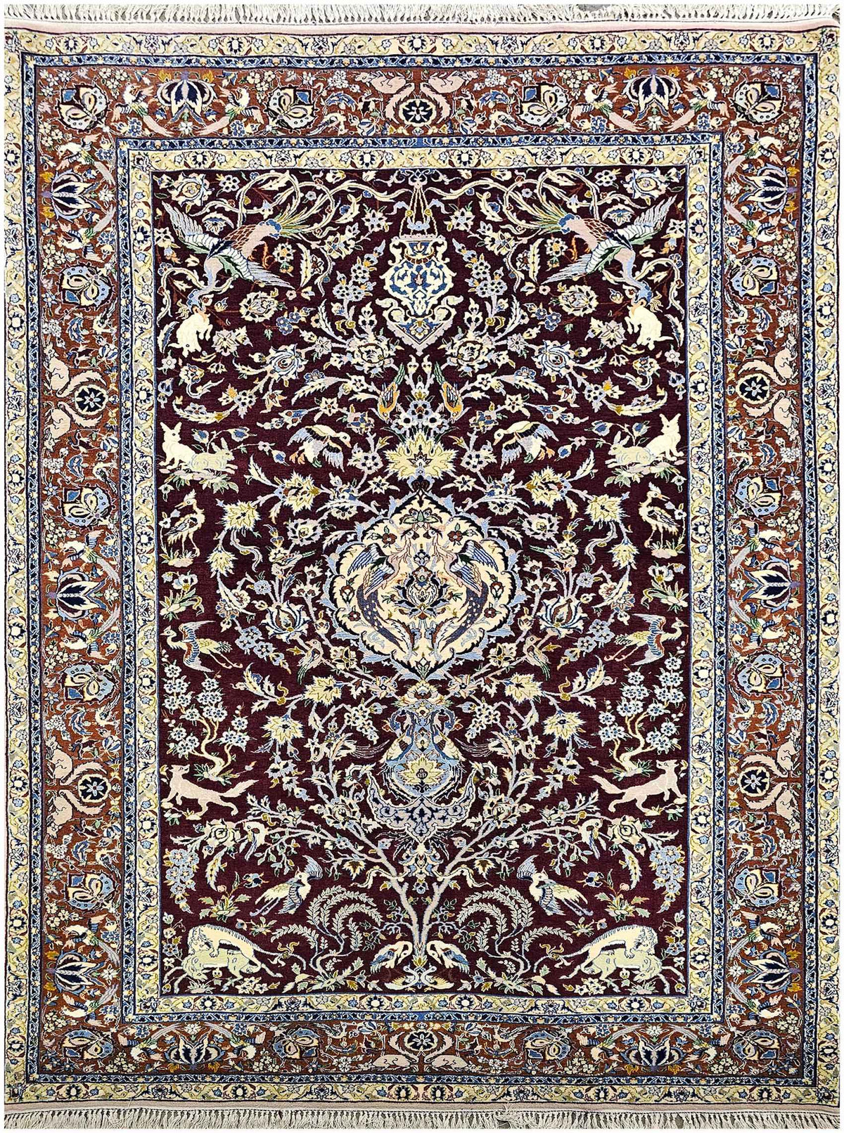 247x170cm Fine Isfahan Silk and Wool animal motifs Handmade Rug Maroon - Rugoutlet