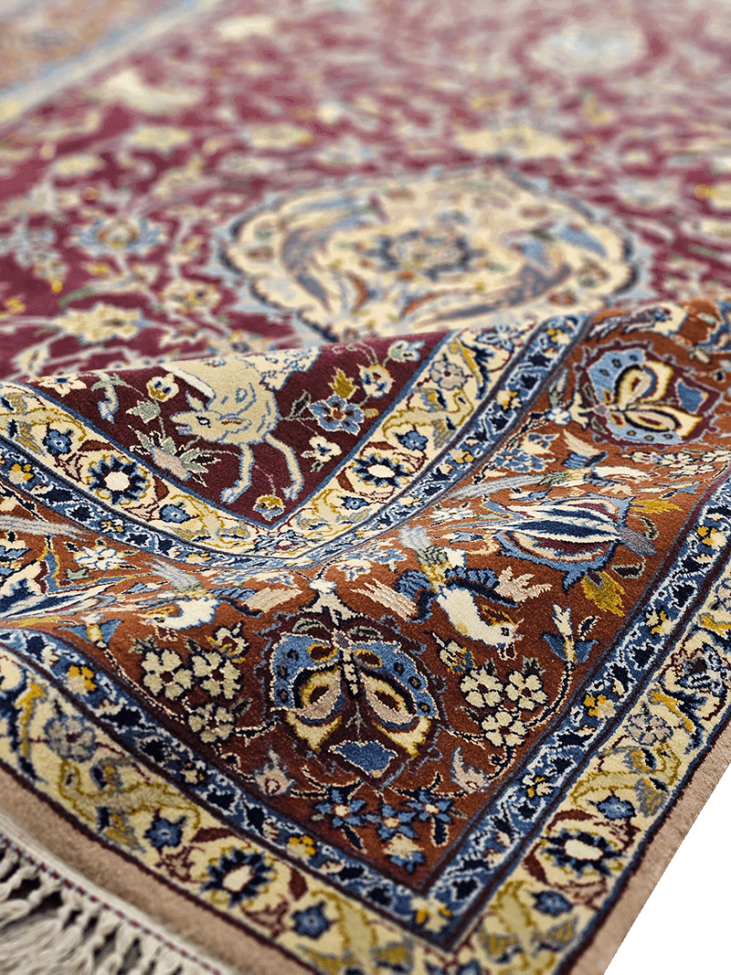 247x170cm Fine Isfahan Silk and Wool animal motifs Handmade Rug Maroon - Rugoutlet