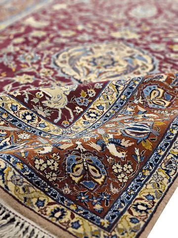 247x170cm Fine Isfahan Silk and Wool animal motifs Handmade Rug Maroon - Rugoutlet