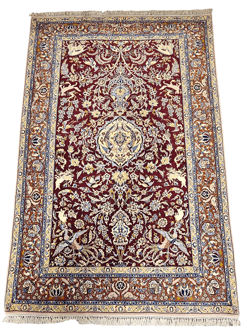 247x170cm Fine Isfahan Silk and Wool animal motifs Handmade Rug Maroon - Rugoutlet