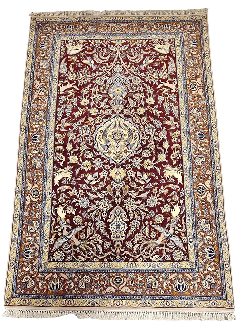 247x170cm Fine Isfahan Silk and Wool animal motifs Handmade Rug Maroon - Rugoutlet