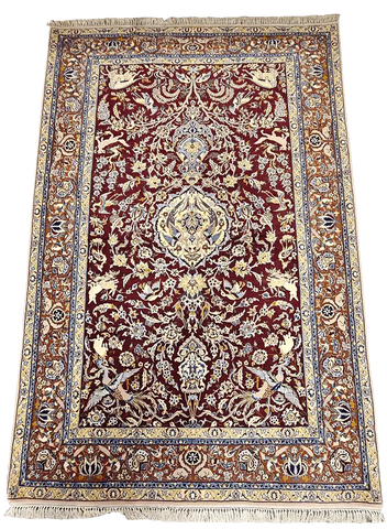247x170cm Fine Isfahan Silk and Wool animal motifs Handmade Rug Maroon - Rugoutlet