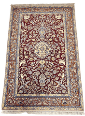 247x170cm Fine Isfahan Silk and Wool animal motifs Handmade Rug Maroon - Rugoutlet