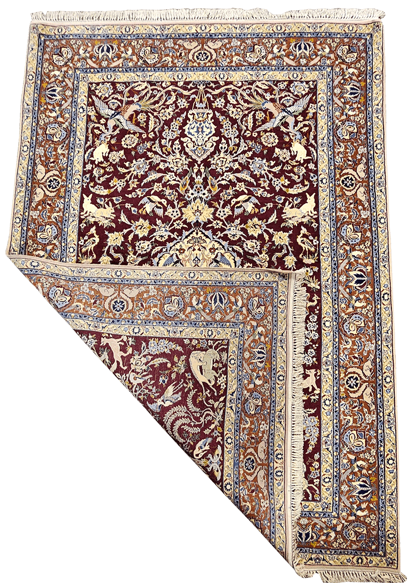 247x170cm Fine Isfahan Silk and Wool animal motifs Handmade Rug Maroon - Rugoutlet