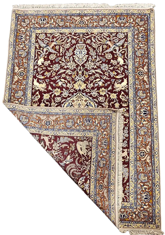 247x170cm Fine Isfahan Silk and Wool animal motifs Handmade Rug Maroon - Rugoutlet