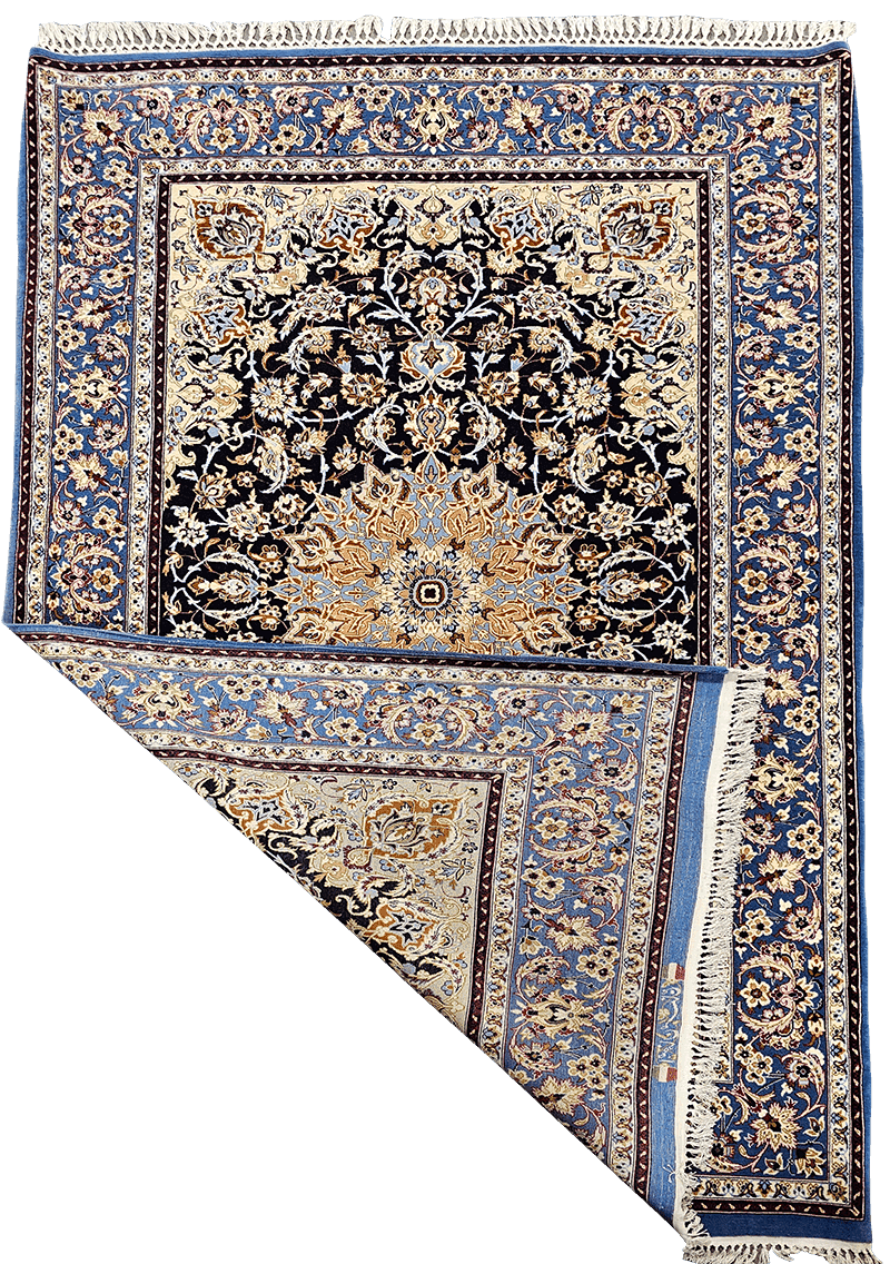 258x153 cm Fine ‘signed’ Isfahan Silk and Wool Handmade black and yellow rug - Rugoutlet