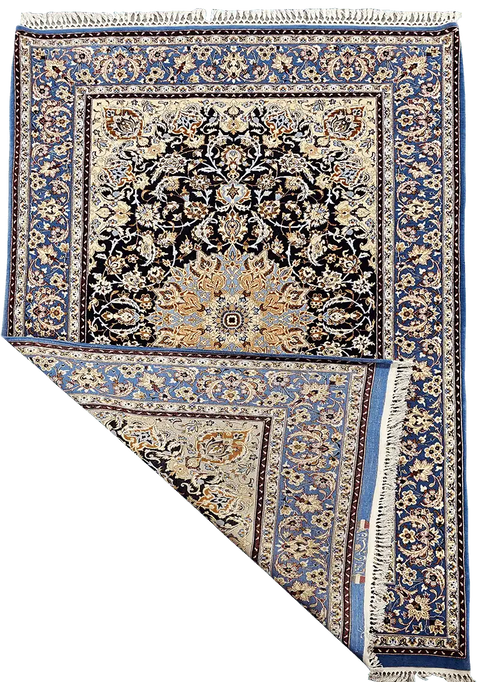 258x153 cm Fine ‘signed’ Isfahan Silk and Wool Handmade black and yellow rug - Rugoutlet