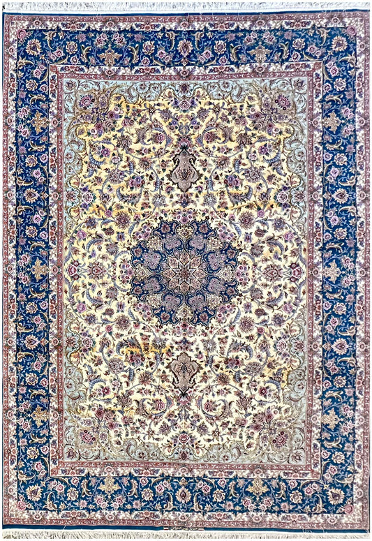 350x250cm Pure Silk Isfahan handmade yellow and blue rug