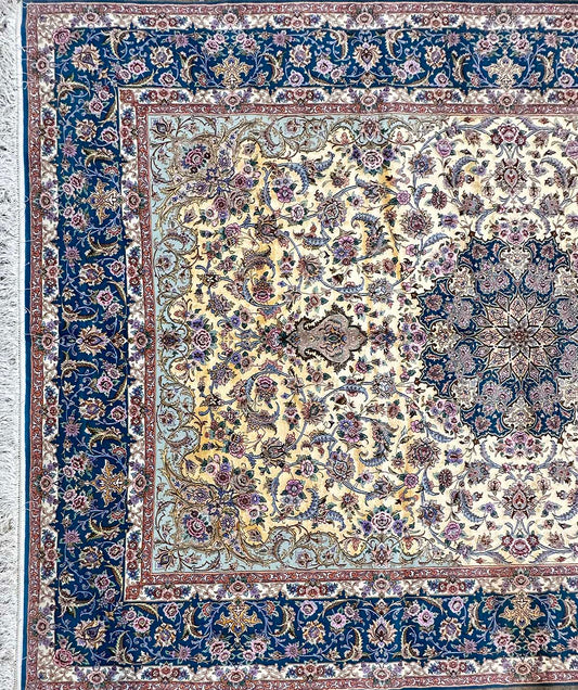 350x250cm Pure Silk Isfahan handmade yellow and blue rug