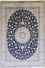 420x313 cm Nain Silk and Wool 6L Rugs Handmade Blue & Ivory - Rugoutlet