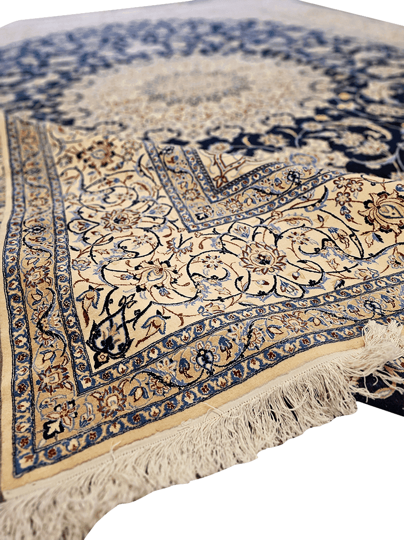 420x313 cm Nain Silk and Wool 6L Rugs Handmade Blue & Ivory - Rugoutlet