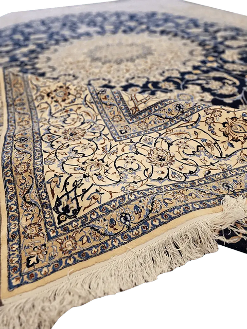 420x313 cm Nain Silk and Wool 6L Rugs Handmade Blue & Ivory - Rugoutlet