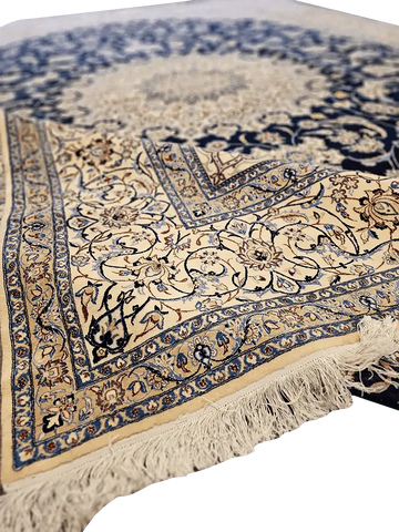 420x313 cm Nain Silk and Wool 6L Rugs Handmade Blue & Ivory - Rugoutlet