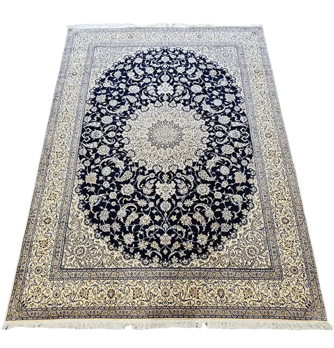 420x313 cm Nain Silk and Wool 6L Rugs Handmade Blue & Ivory - Rugoutlet