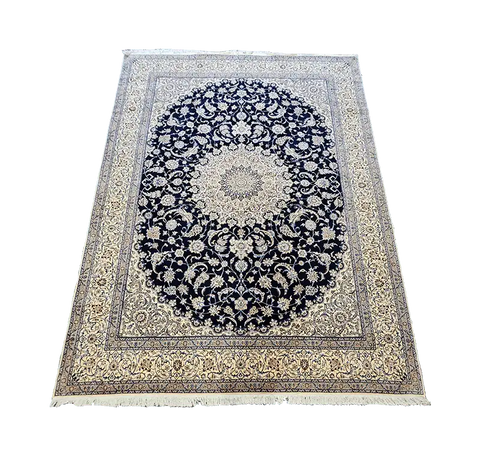 420x313 cm Nain Silk and Wool 6L Rugs Handmade Blue & Ivory - Rugoutlet
