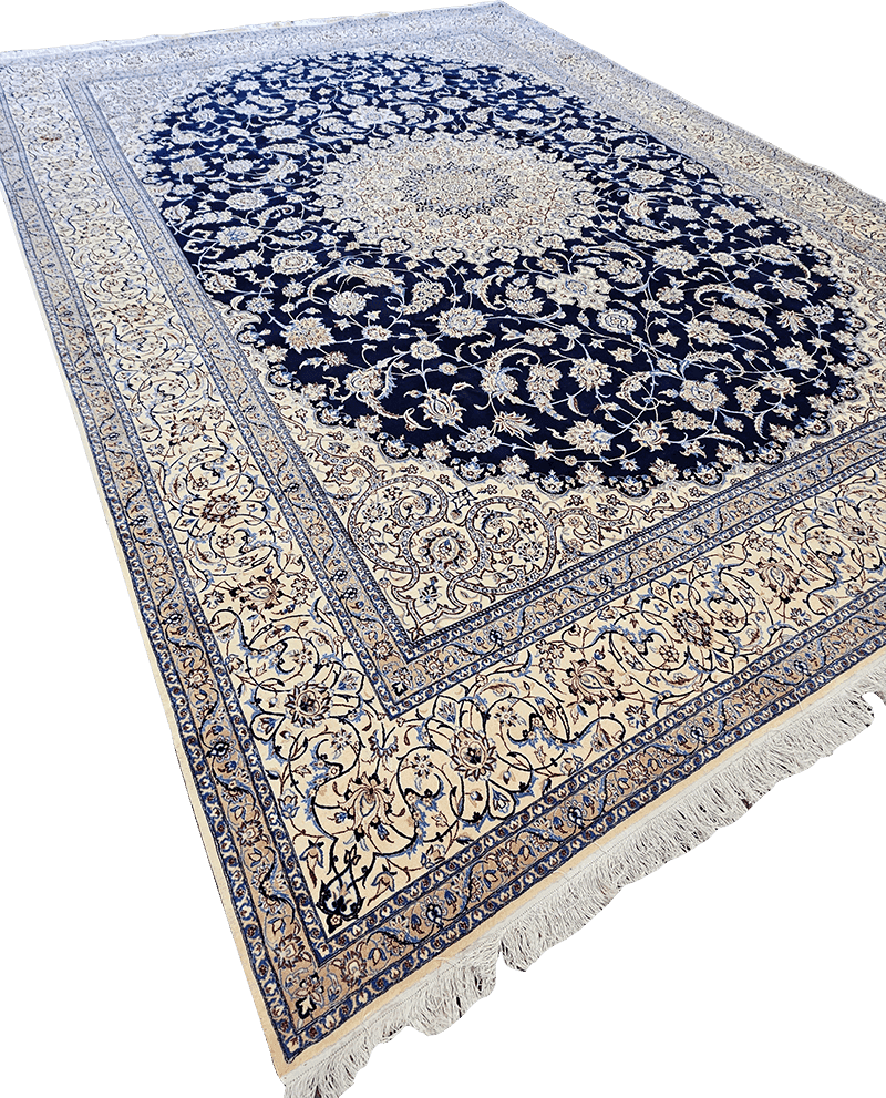 420x313 cm Nain Silk and Wool 6L Rugs Handmade Blue & Ivory - Rugoutlet