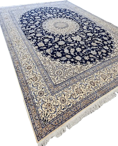 420x313 cm Nain Silk and Wool 6L Rugs Handmade Blue & Ivory - Rugoutlet