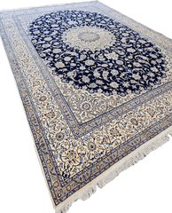 420x313 cm Nain Silk and Wool 6L Rugs Handmade Blue & Ivory - Rugoutlet