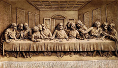 Pictorial hand carved and handmade wool on silk rug depicting the last supper