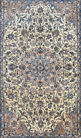 Fine Persian Isfahan Naael Design Silk Rug Cream, Blue & Taupe Handmade Persian Rug 240 × 150 cm