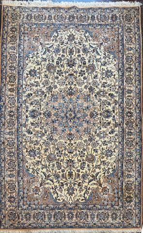 Fine Persian Isfahan Naael Design Silk Rug Cream, Blue & Taupe Handmade Persian Rug 240 × 150 cm