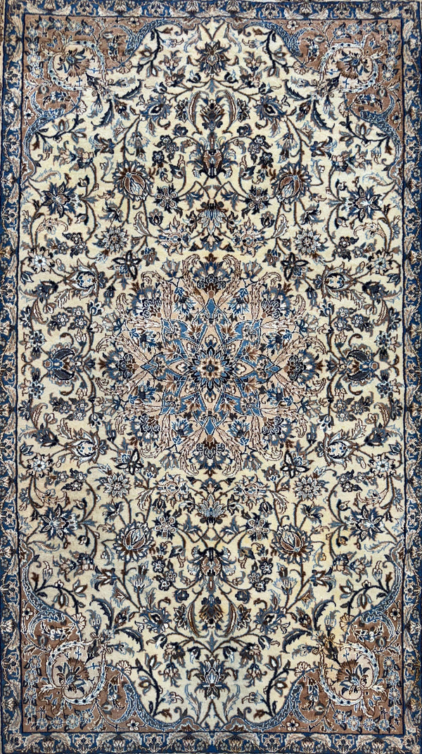Fine Persian Isfahan Naael Design Silk Rug Cream, Blue & Taupe Handmade Persian Rug 240 × 150 cm