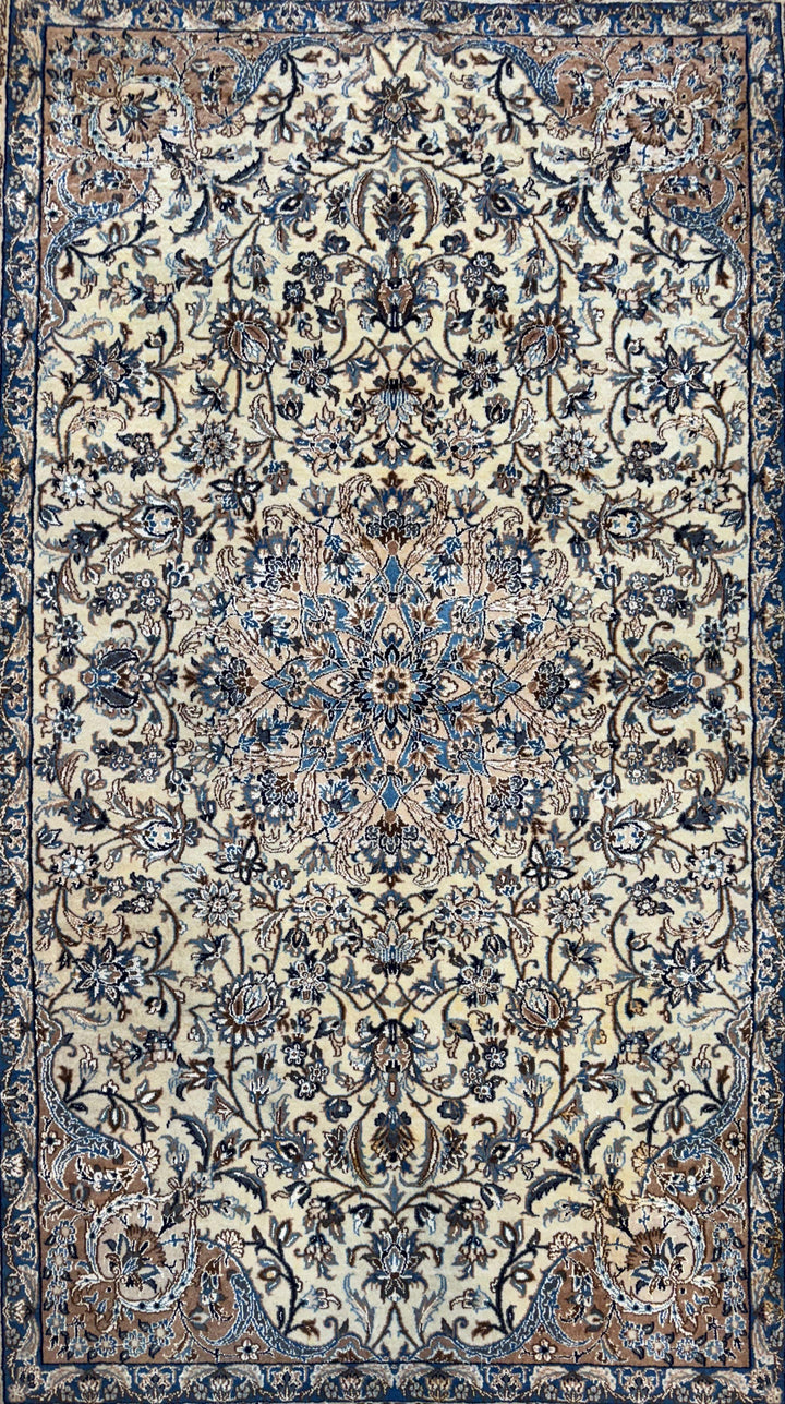 Fine Persian Isfahan Naael Design Silk Rug Cream, Blue & Taupe Handmade Persian Rug 240 × 150 cm