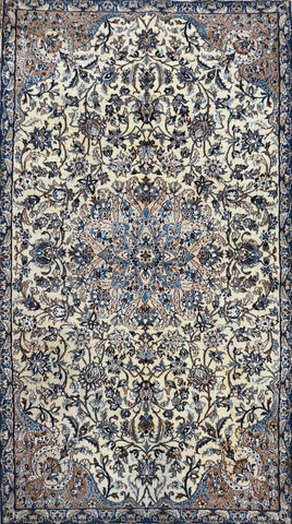 Fine Persian Isfahan Naael Design Silk Rug Cream, Blue & Taupe Handmade Persian Rug 240 × 150 cm